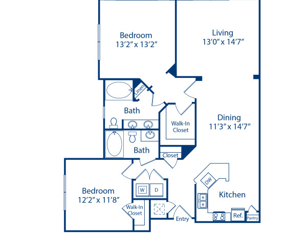 Blueprint of Springdale 2 Floor Plan, 2 Bedrooms and 2 Bathrooms at Camden Spring Creek Apartments in Spring, TX