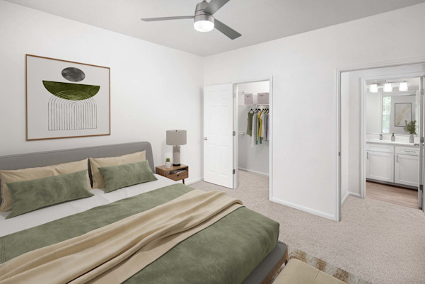Modern style bedroom with plush carpet and ceiling fan at Camden Spring Creek Apartments in Spring, Tx