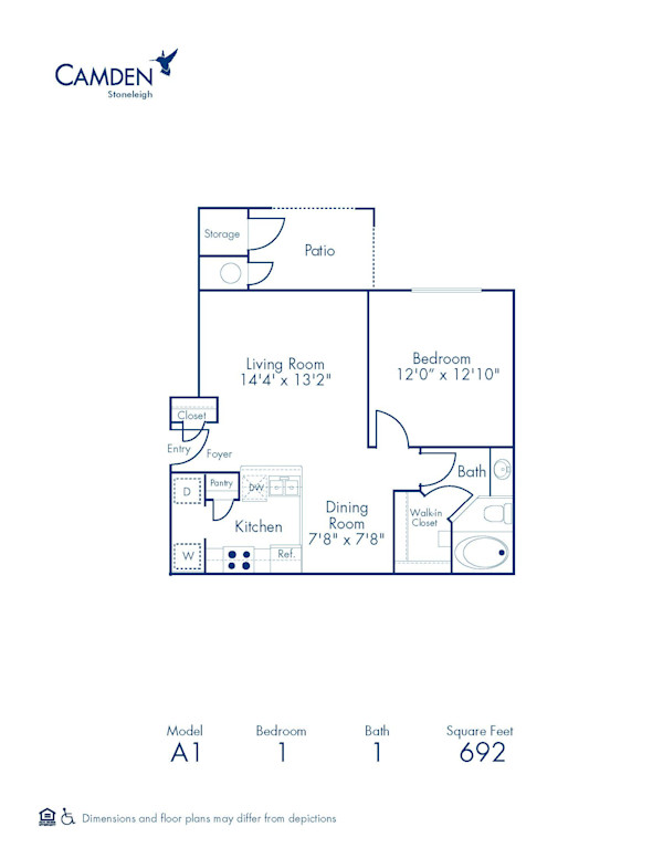 Blueprint of A1 Floor Plan, 1 Bedroom and 1 Bathroom at Camden Stoneleigh Apartments in Austin, TX