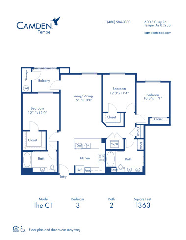 Blueprint of The C1 Floor Plan, 3 Bedrooms and 2 Bathrooms at Camden Tempe Apartments in Tempe, AZ