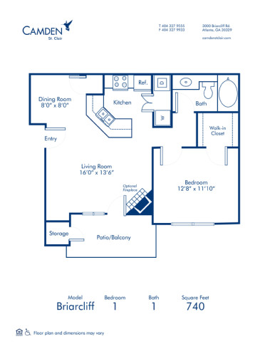 Blueprint of Briarcliff Floor Plan, 1 Bedroom and 1 Bathroom at Camden St. Clair Apartments in Atlanta, GA 