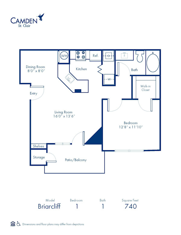 Blueprint of Briarcliff Floor Plan, 1 Bedroom and 1 Bathroom at Camden St. Clair Apartments in Atlanta, GA