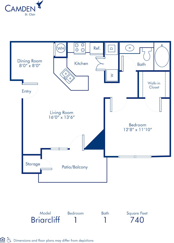 Blueprint of Briarcliff Floor Plan, 1 Bedroom and 1 Bathroom at Camden St. Clair Apartments in Atlanta, GA 