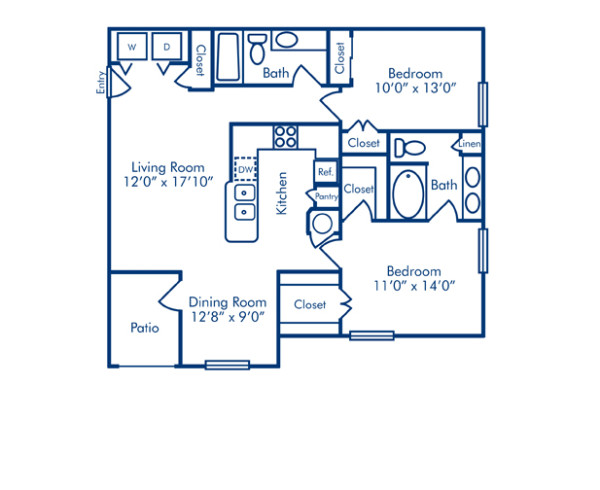 Blueprint of Jaiden Floor Plan, 2 Bedrooms and 2 Bathrooms at Camden Lago Vista Apartments in Orlando, FL