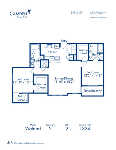 Blueprint of Waldorf Floor Plan, 2 Bedrooms and 2 Bathrooms at Camden Orange Court Apartments in Orlando, FL