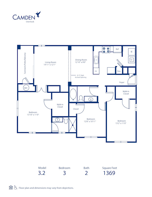 Blueprint of 3.2 Floor Plan, 3 Bedrooms and 2 Bathrooms at Camden Overlook Apartments in Raleigh, NC