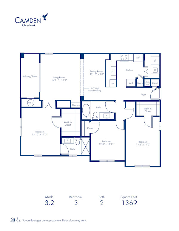 Blueprint of 3.2 Floor Plan, 3 Bedrooms and 2 Bathrooms at Camden Overlook Apartments in Raleigh, NC