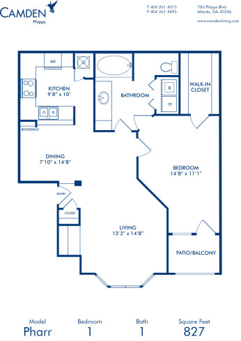 Blueprint of Pharr Floor Plan, 1 Bedroom and 1 Bathroom at Camden Phipps Apartments in Atlanta, GA