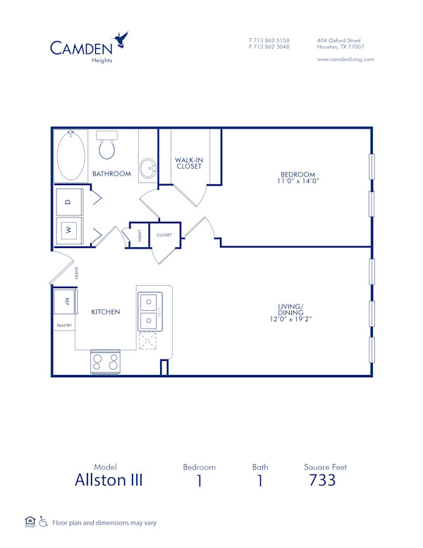 Blueprint of The Allston III Floor Plan, 1 Bedroom and 1 Bathroom at Camden Heights Apartments in Houston, TX