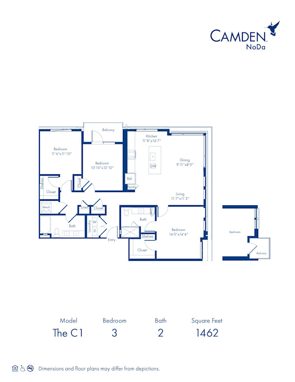 The C1 floor plan, 3 bed, 2 bath at Camden NoDa Apartments in Charlotte, NC
