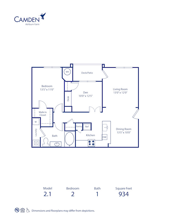 Blueprint of 2.1 Floor Plan, 2 Bedrooms and 1 Bathroom at Camden Ashburn Farm Apartments in Ashburn, VA