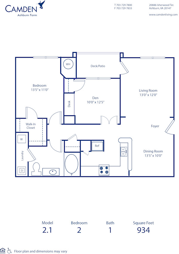 Blueprint of 2.1 Floor Plan, 2 Bedrooms and 1 Bathroom at Camden Ashburn Farm Apartments in Ashburn, VA