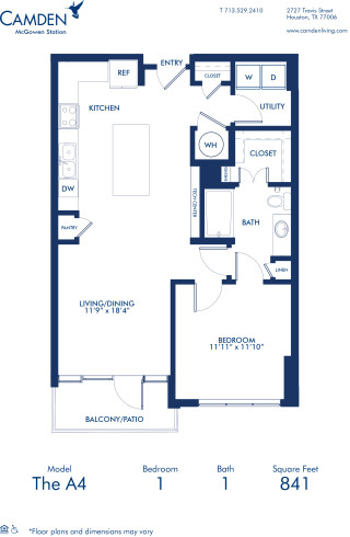 Blueprint of A4 Floorplan, One Bedroom and One Bathroom Apartment at Camden McGowen Station Apartments in Midtown Houston, TX