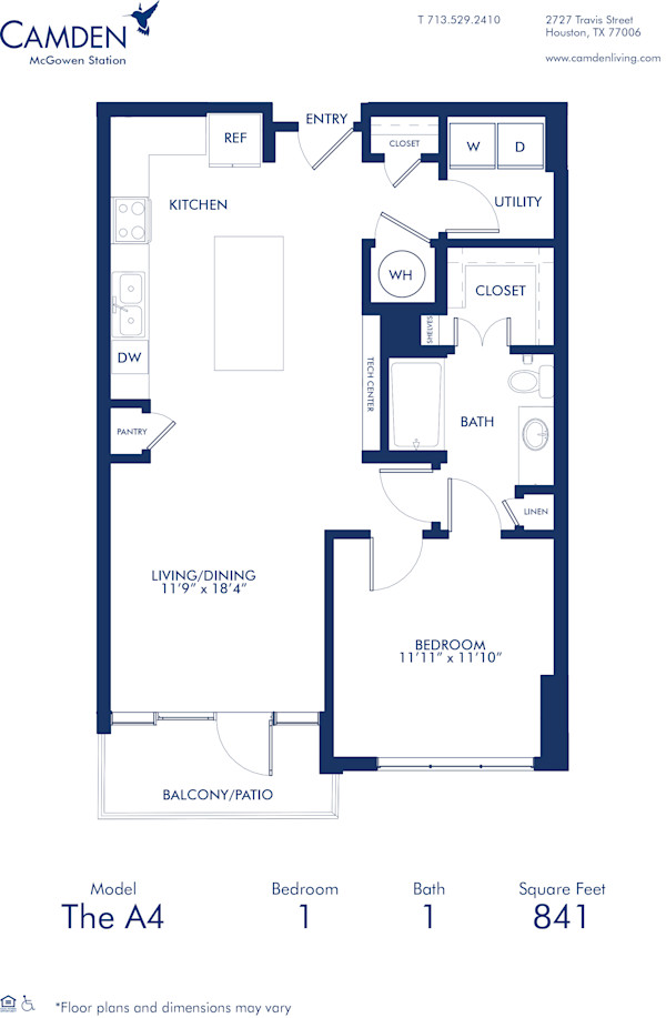 Blueprint of A4 Floorplan, One Bedroom and One Bathroom Apartment at Camden McGowen Station Apartments in Midtown Houston, TX
