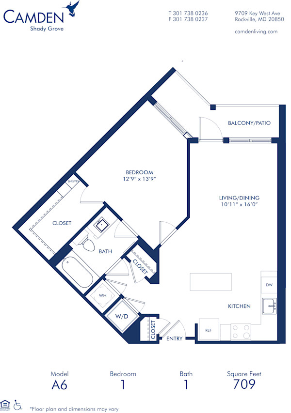 Blueprint of A6 Floor Plan, 1 Bedroom and 1 Bathroom at Camden Shady Grove Apartments in Rockville, MD