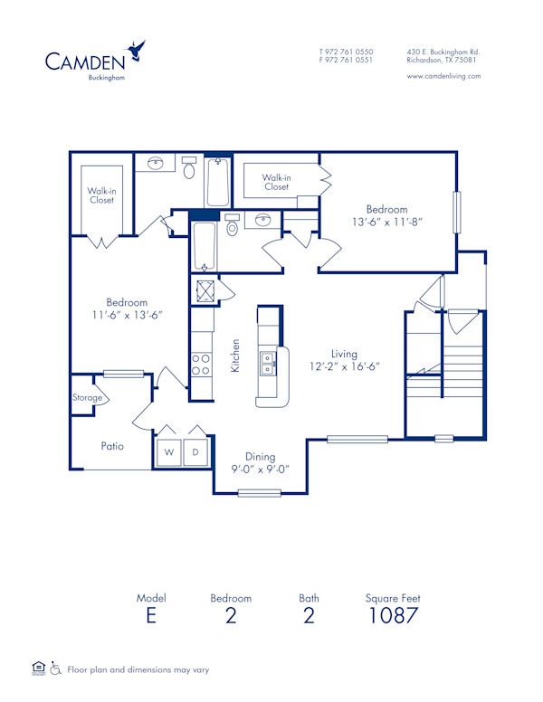 Blueprint of E Floor Plan, 2 Bedrooms and 2 Bathrooms at Camden Buckingham Apartments in Richardson, TX