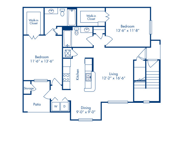 Blueprint of E Floor Plan, 2 Bedrooms and 2 Bathrooms at Camden Buckingham Apartments in Richardson, TX