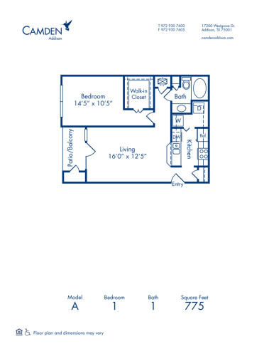 Blueprint of A Floor Plan, 1 Bedroom and 1 Bathroom at Camden Addison Apartments in Addison, TX