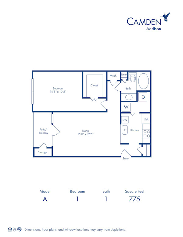 Blueprint of A Floor Plan, 1 Bedroom and 1 Bathroom at Camden Addison Apartments in Addison, TX