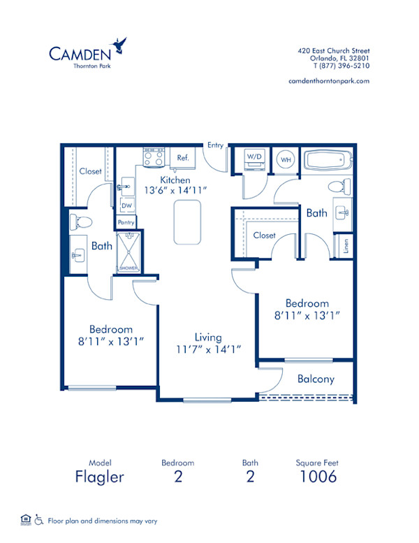 Blueprint Flagler Floor Plan, two bedroom and two bathroom apartment home at Camden Thornton Park Apartments in Orlando, FL
