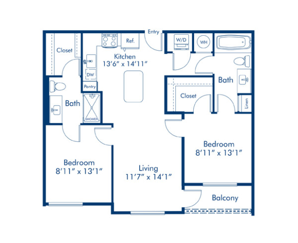 Blueprint Flagler Floor Plan, two bedroom and two bathroom apartment home at Camden Thornton Park Apartments in Orlando, FL