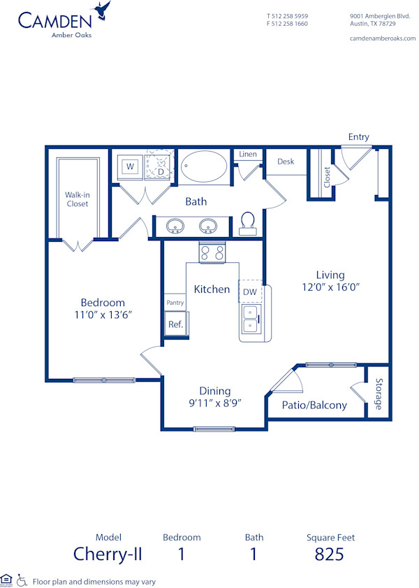 Blueprint of Cherry - II Floor Plan, 1 Bedroom and 1 Bathroom at Camden Amber Oaks II Apartments in Austin, TX