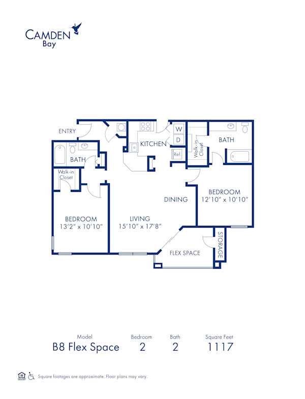 Blueprint of Crane (Solarium) Floor Plan, 2 Bedrooms and 2 Bathrooms at Camden Bay Apartments in Tampa, FL