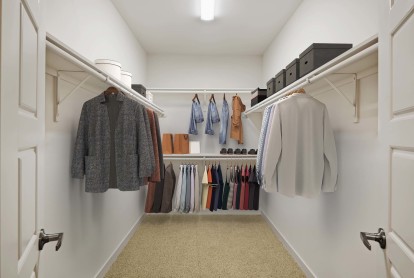 Walk in closet with wood shelves