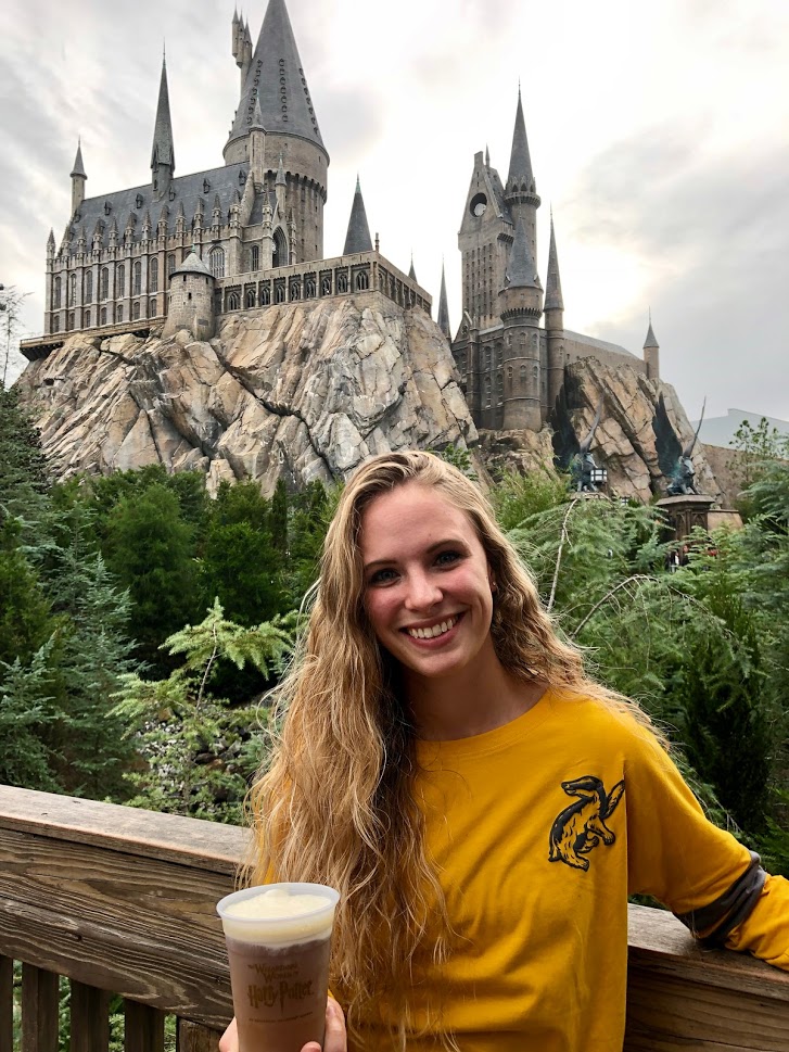 Katie at Harry Potter Universal with Butter Beer