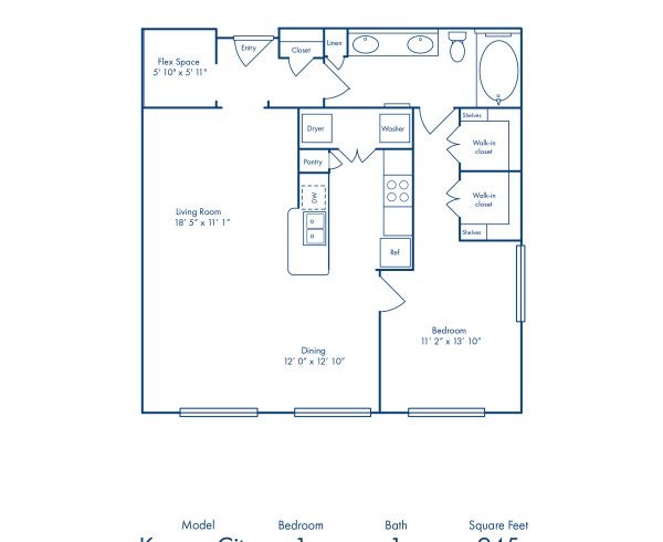 Blueprint of Kansas City Floor Plan, 1 Bedroom and 1 Bathroom at Camden City Centre Apartments in Houston, TX
