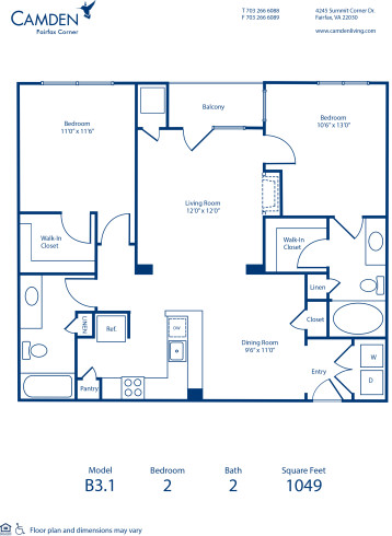 Blueprint of B3.1 Floor Plan, 2 Bedrooms and 2 Bathrooms at Camden Fairfax Corner Apartments in Fairfax, VA