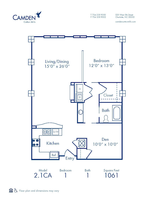 Blueprint of 2.1CA Floor Plan, 1 Bedroom and 1 Bathroom with Den at Camden Cotton Mills Apartments in Charlotte, NC
