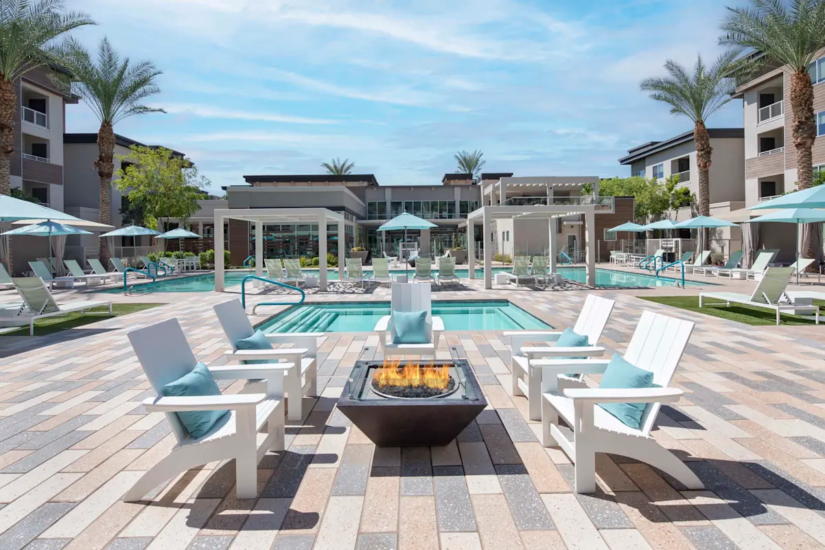 Poolside fire pit and seating at Camden North End.