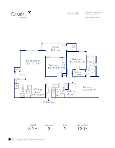 Blueprint of 3.2A Floor Plan, 3 Bedrooms and 2 Bathrooms at Camden Silo Creek Apartments in Ashburn, VA