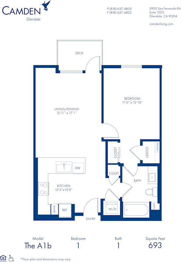 Blueprint of A1b Floor Plan, 1 Bedroom and 1 Bathroom at Camden Glendale Apartments in Glendale, CA