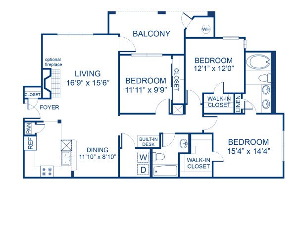 Blueprint of 3.2H Floor Plan, 3 Bedrooms and 2 Bathrooms at Camden Lansdowne Apartments in Lansdowne, VA