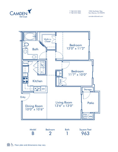 Blueprint of B Floor Plan, 2 Bedrooms and 1 Bathroom at Camden Old Creek Apartments in San Marcos, CA