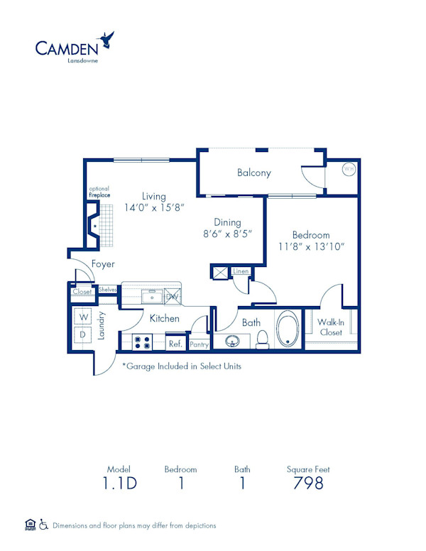 Blueprint of 1.1D Floor Plan, 1 Bedroom and 1 Bathroom at Camden Lansdowne Apartments in Lansdowne, VA