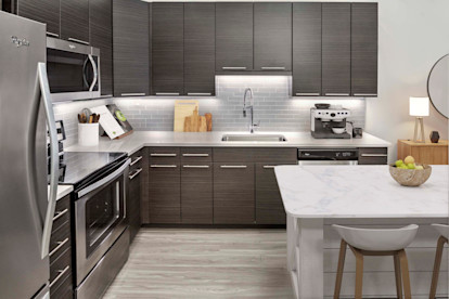 Kitchen with stainless steel appliances at Camden Shady Grove apartments in Rockville, MD