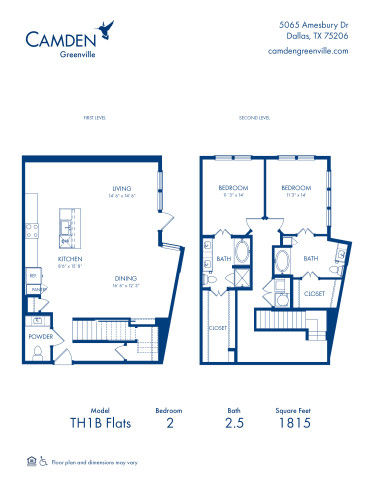 Camden Greenville Apartments, Dallas, TX, TH1B Floor Plan, Two Bedroom-Two and a Half Bathroom Townhome