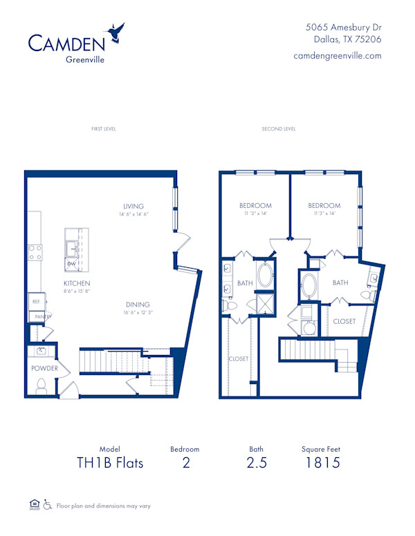 Camden Greenville Apartments, Dallas, TX, TH1B Floor Plan, Two Bedroom-Two and a Half Bathroom Townhome