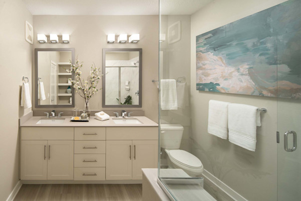 Bathroom with double-sink vanity at Camden Clearwater apartments in Clearwater, FL