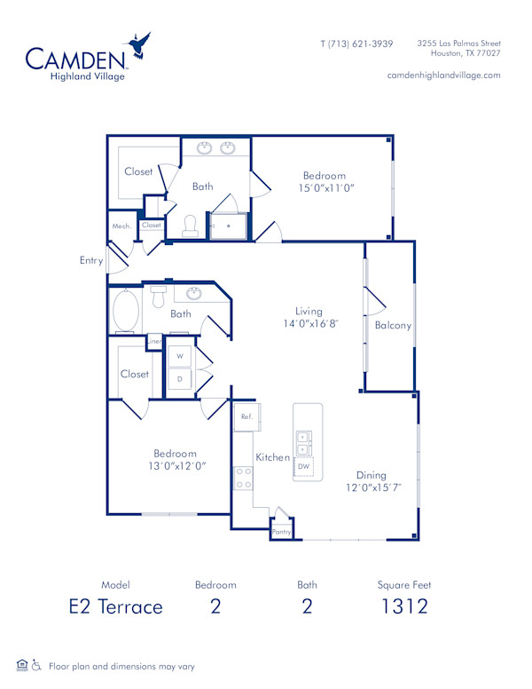 Camden Highland Village apartments in Houston, TX Terrace two bedroom floor plan E2