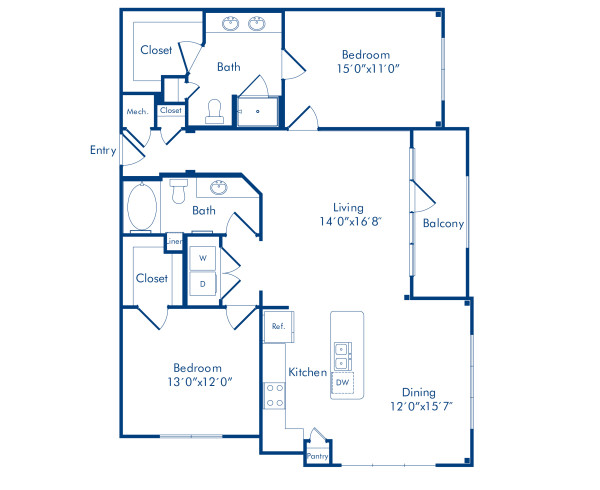 Camden Highland Village apartments in Houston, TX Terrace two bedroom floor plan E2