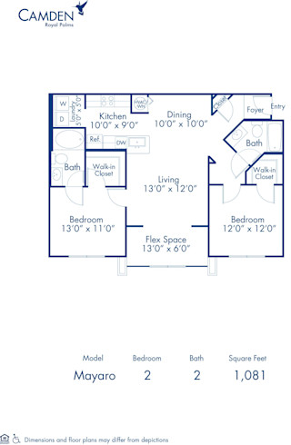 Blueprint of Mayaro Floor Plan, 2 Bedrooms and 2 Bathrooms at Camden Royal Palms Apartments in Brandon, FL