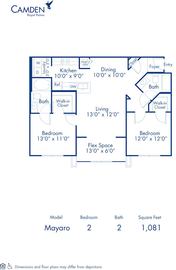 Blueprint of Mayaro Floor Plan, 2 Bedrooms and 2 Bathrooms at Camden Royal Palms Apartments in Brandon, FL