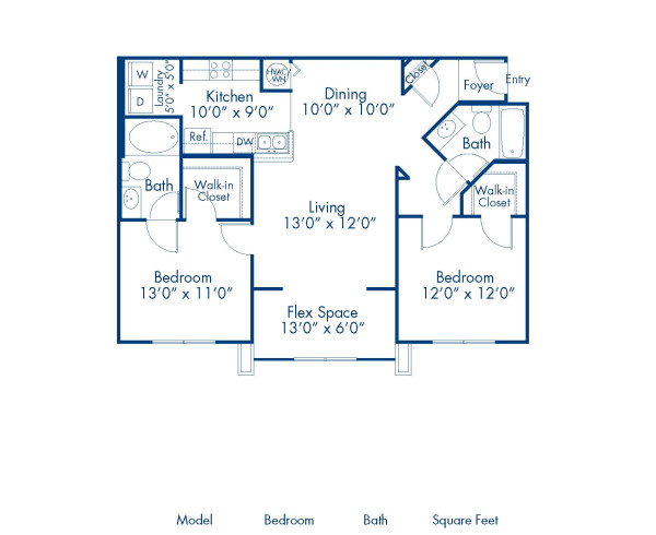 Blueprint of Mayaro Floor Plan, 2 Bedrooms and 2 Bathrooms at Camden Royal Palms Apartments in Brandon, FL