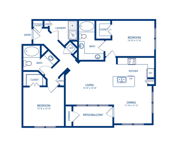 Blueprint of Pine Floor Plan, 2 Bedrooms and 2 Bathrooms at Camden Cedar Hills Apartments in Austin, TX