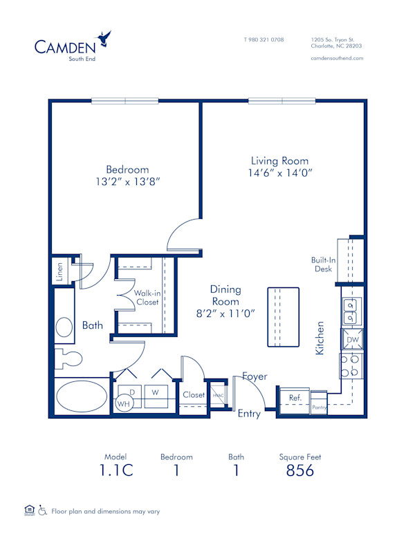 Blueprint of 1.1C Floor Plan, 1 Bedroom and 1 Bathroom at Camden South End Apartments in Charlotte, NC