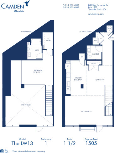 Blueprint of Live Work 13 Floor Plan, 1 Bedroom and 1.5 Bathrooms at Camden Glendale Apartments in Glendale, CA